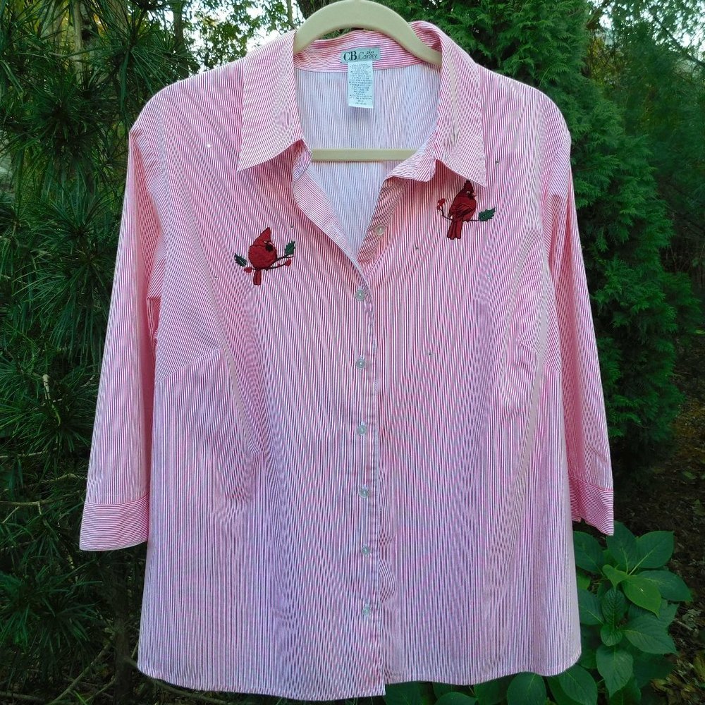 CB Career Plus Size 20W Buttondown Top with Embroidered Cardinals